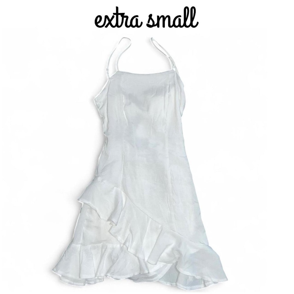 Francesca’s Blue Rain - Square Neck, Bow-Back White Ruffle Dress